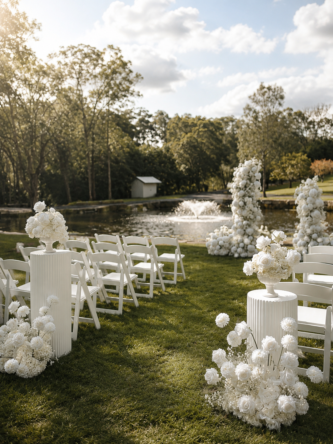 White faux floral ceremony installation beside a pond